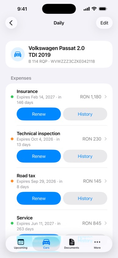 A vehicle's page listing insurance, inspection and road tax, each with an amount and a Renew button