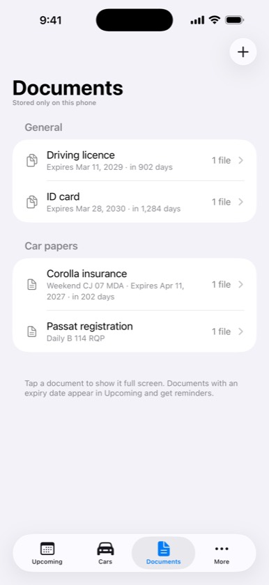 The Documents tab with an ID card, a driving licence and two car papers, each holding one file